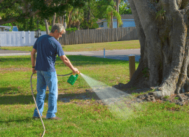 A Man Spraying Grass With A Hose