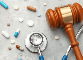 A Gavel And Stethoscope Next To Pills