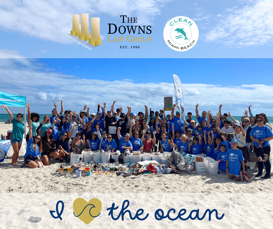 Image of all Clean Miami Beach clean-up volunteers for event sponsored by The Downs Law Group titled "I Love The Ocean"