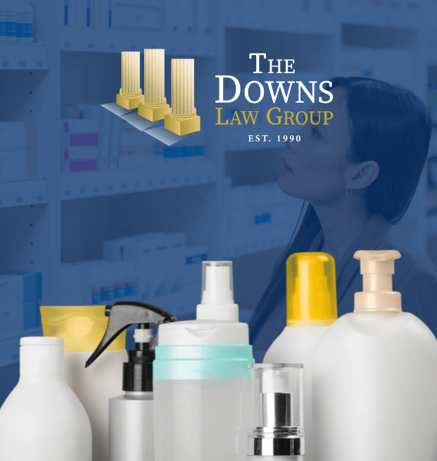 Women In Store Aisle Shopping For A Product Behind A Logo Of The Downs Law Group