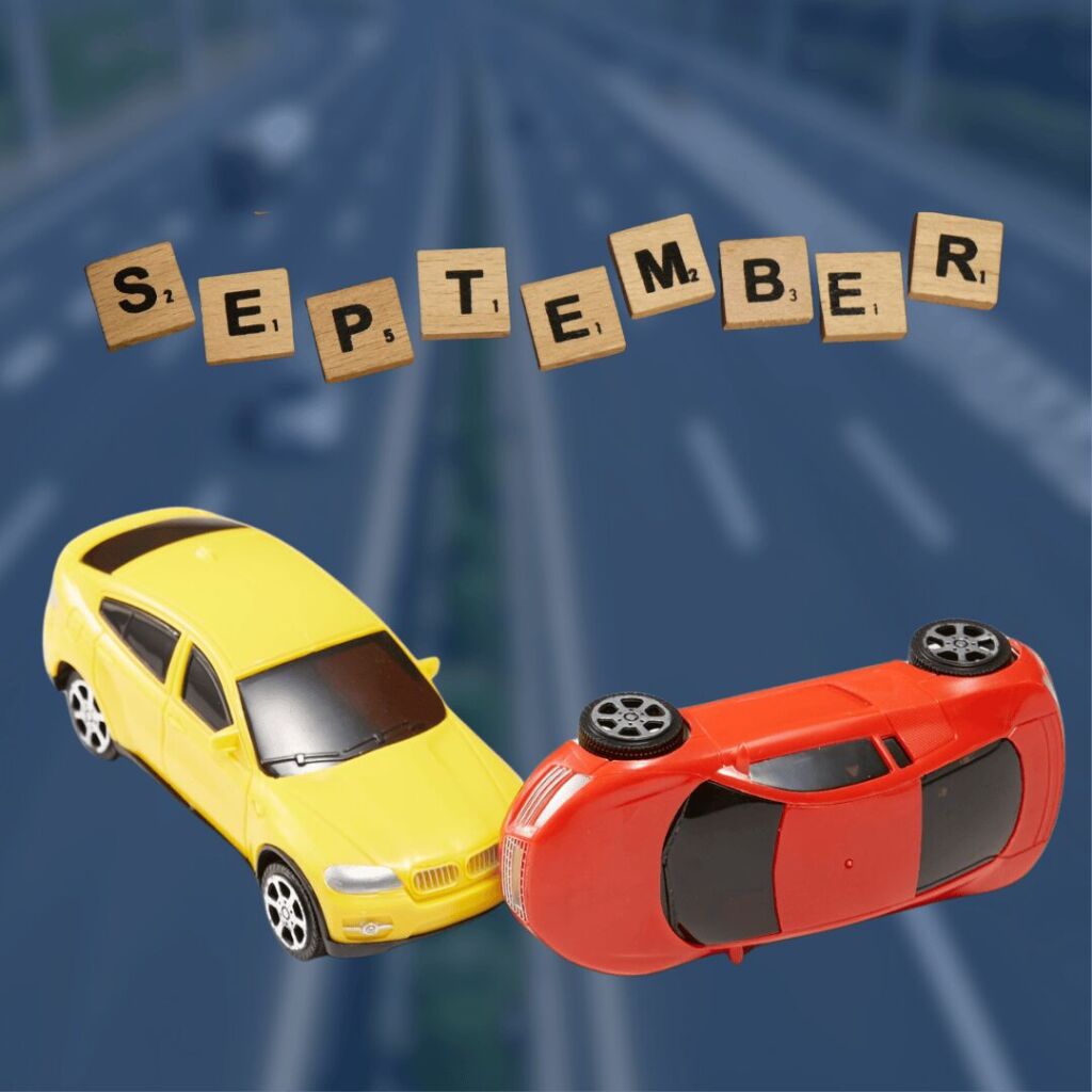 Miami Main Highway In Background With Yellow And Red Toy Cars Crashing And Letters Spelling September Above