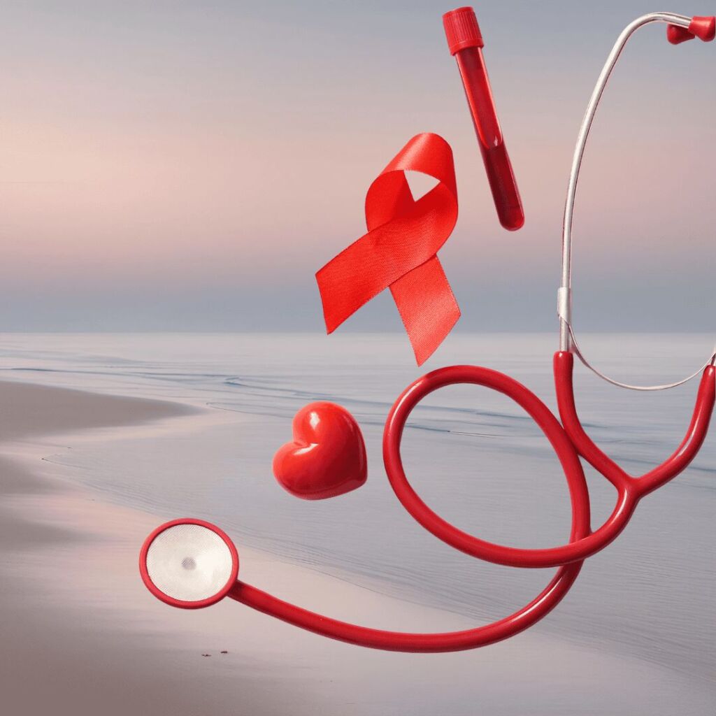 Image Of Red Medical Tools And Red Ribbon For Blood Cancer Awareness With Bp Beach Oil Spill Background